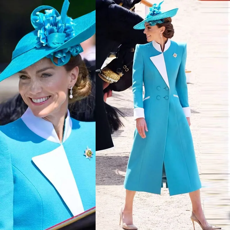 2025 New Kate Middleton Princess Long Sleeve Button Patchwork Long Dress view 3