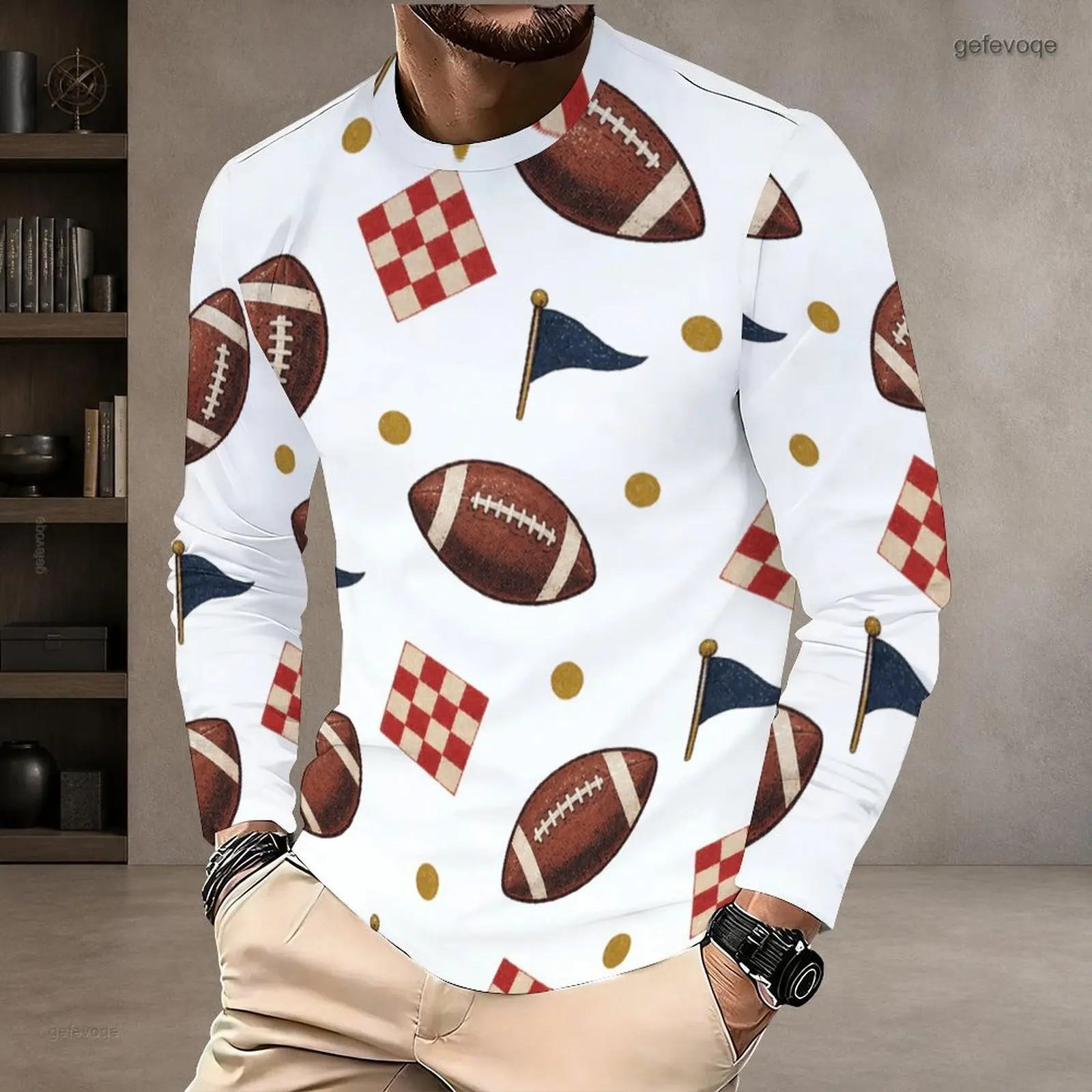 Men Printed Round Neck Long Sleeve T-Shirt, American Football, Orange Lightning and Checkered Flag Pattern White Top