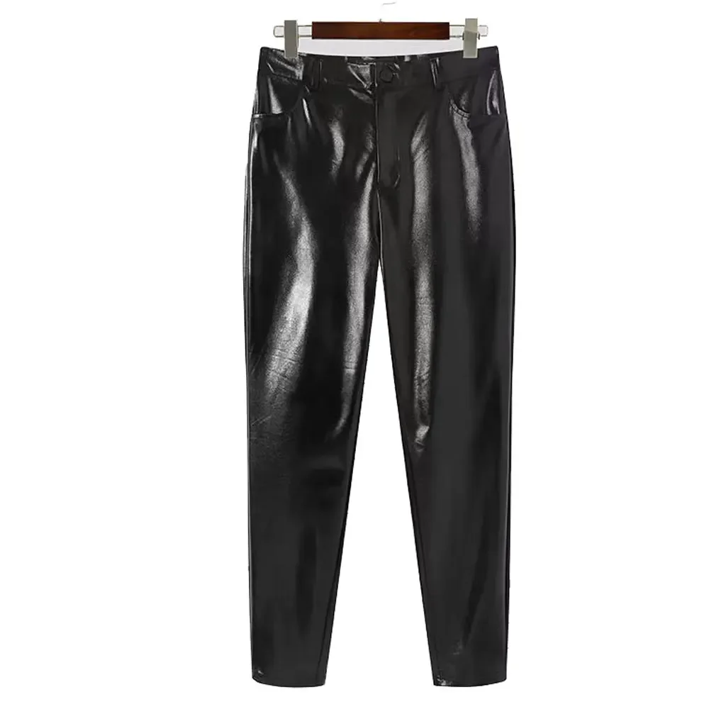 Mens Faux Leather Pants Matte PU Black Slim Middle Waist Casual Business Lightweight Fit Motorcycle Trousers For Male Winter2023