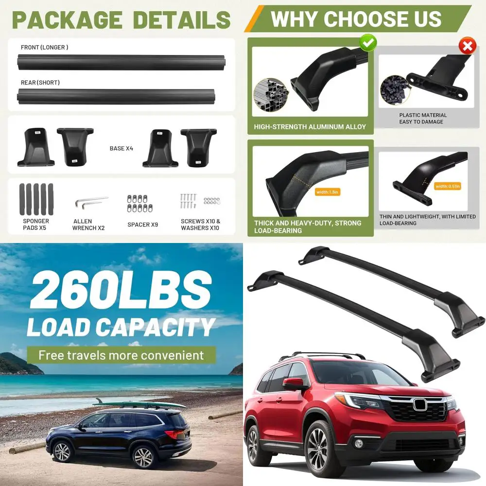 

Aluminum Roof Rack Crossbars for 2016-2022 Honda Pilot, 260 lbs Capacity, Compatible with Ski, Snowboard, and Bike Racks