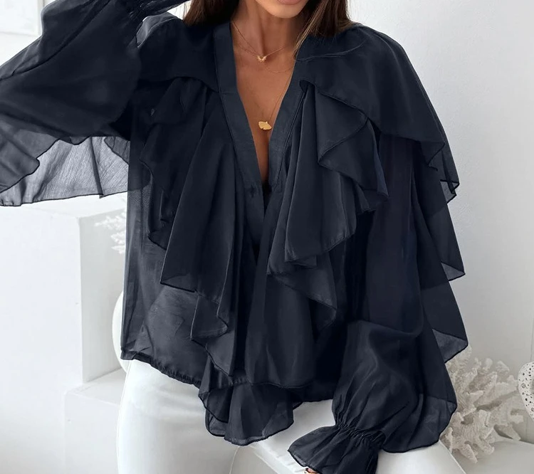 

Design Ruffle V-neck Long-sleeved Shirt Women's 2026 New Spring and Summer Versatile Commuter Shirt