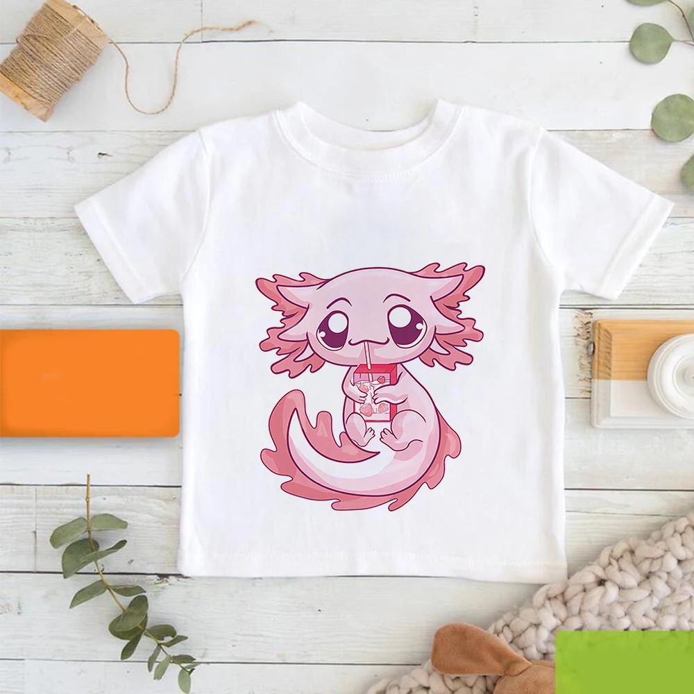 New Pink Axolotl Print Toddler Girl T Shirt Comfy Versatile Summer Streetwear Kids Clothes Children's T-shir Kawaii Tops Leisure