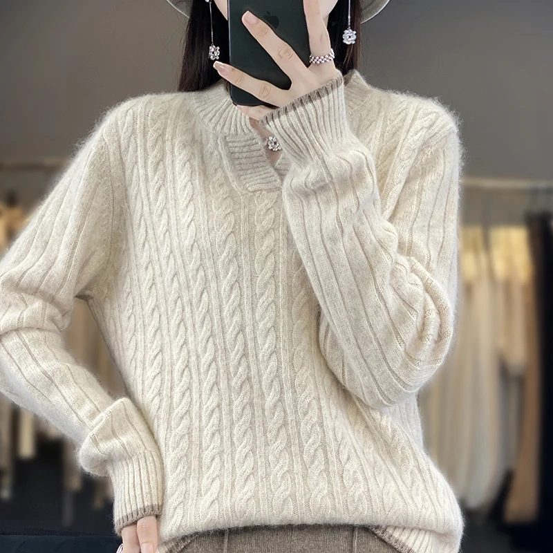 RONGNI brand 100% pure Mink Wool sweater, fashionable and minimalist, computer knitted O-neck, long sleeved women\'s new pullover