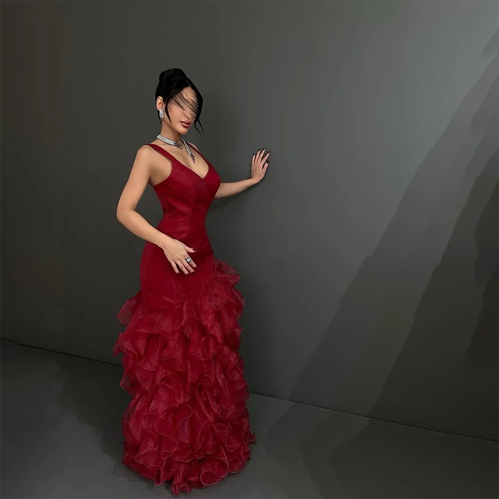 

Red Evening Dress Customized Spaghetti Strap V-Neck Simple Evening Gowns Ruffles Pleated Trumpet Formal Party Dresses Long