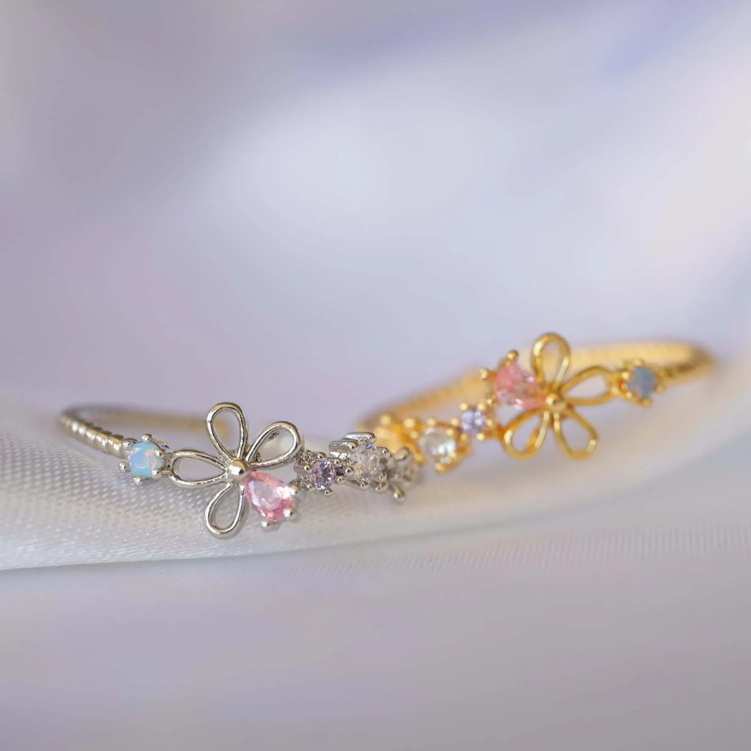 New Ins Pink Zircon Hollowed Flower Rings For Women Adjustable Small Ring Trend Wedding Aesthetic Jewelry Gift