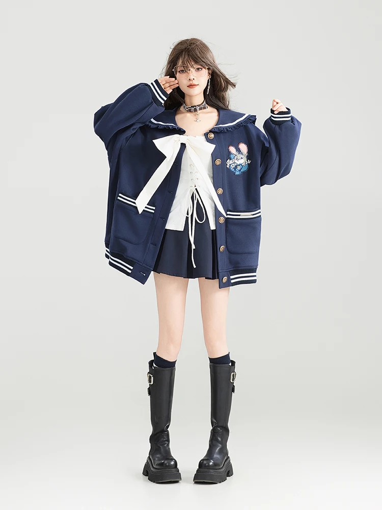Removable Bow Sweet Single-breasted Navy Collar Jacket Women 2025 Autumn College Style Loose Sweatshirts Top