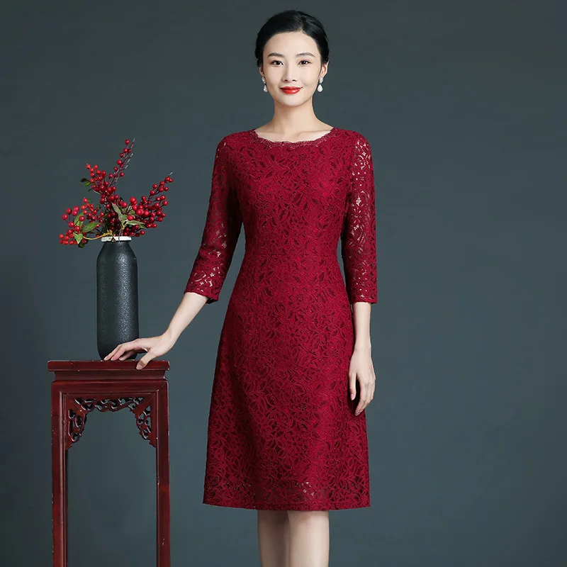 

yourqipao 2023 Autumn Burgundy Lace Dress Waist Slimming Elegant Mother's Wear chinese style evening wedding dress for women