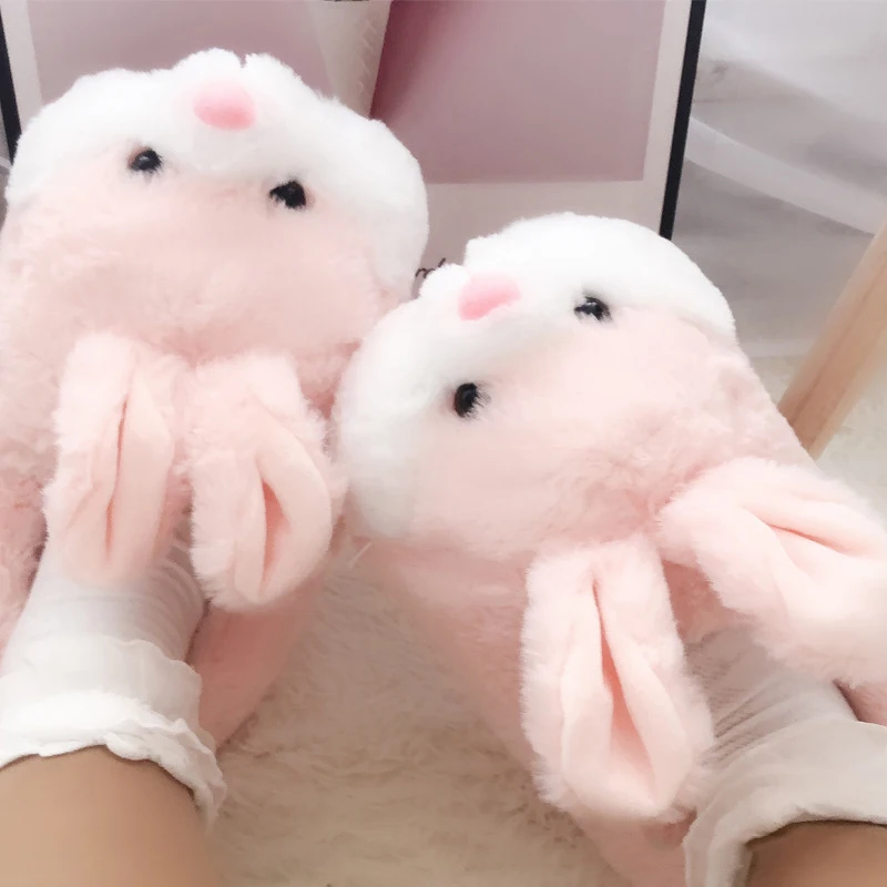 Comemore 2022 Women Cute Animal Slippers Girls Rabbit Home Shoes Plus Size 44 Non Slip Flat Autumn Winter Warm Slipper Plush Men