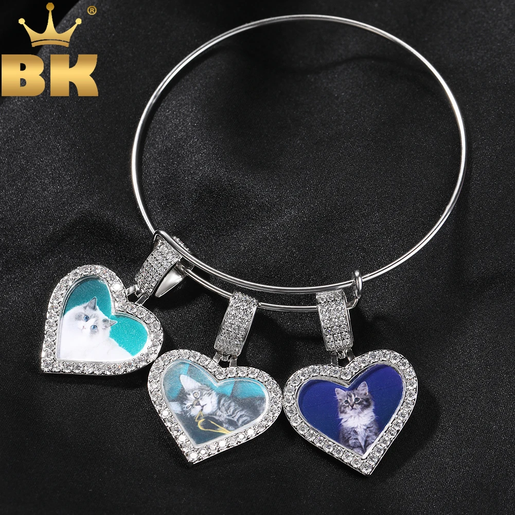 TBTK Stainless Steel Cuff Bangle DIY Heart Photo Pendant Memory Bracelet  Iced Out Cubic Zirconia Family Lover\'s Gift