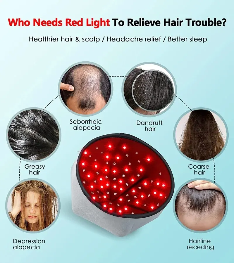 Gorro de crecimiento del cabello con luz roja LED, dispositivos de terapia, Anti pérdida de cabello, ansiedad, estrés, alivio del dolor de cabeza, cuero cabelludo, casco masajeador relajante