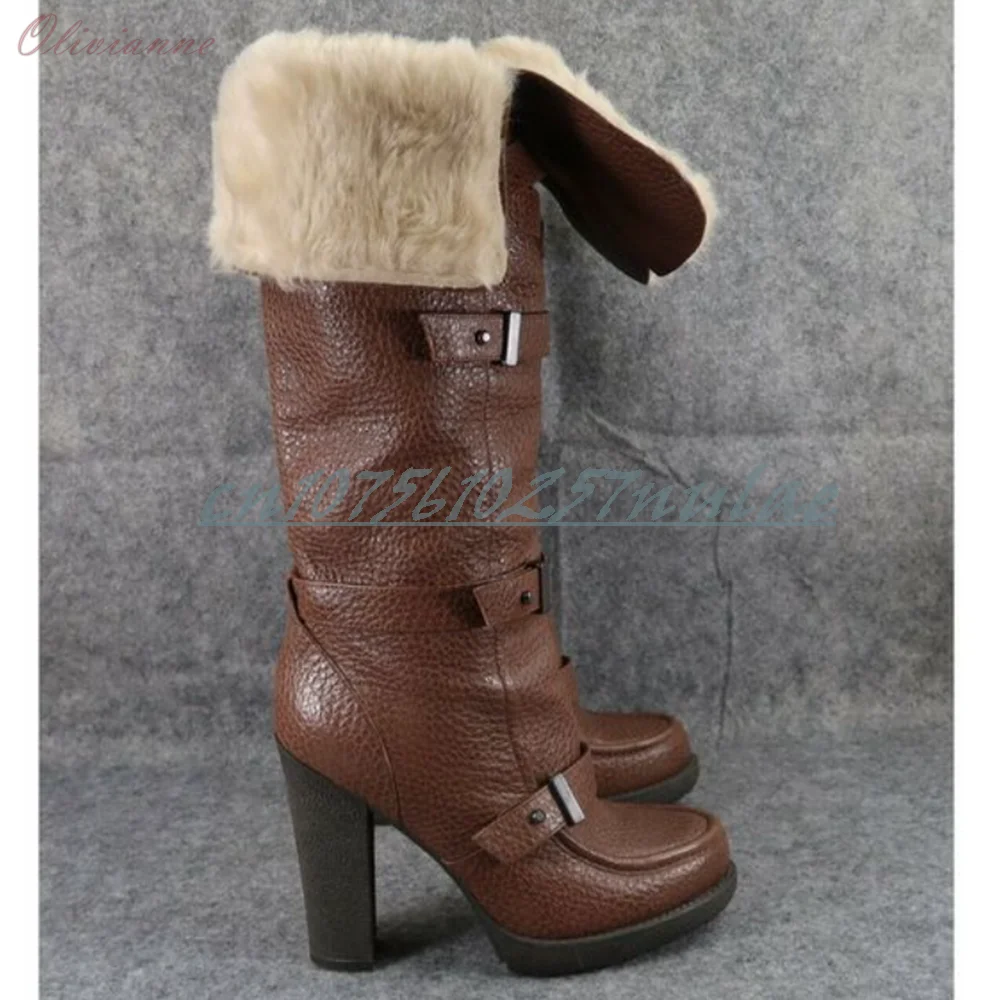 Outono cinta de pele marrom meados de bezerro botas fivela cintos decoração grosso salto alto festa moda feminina sapatos sexy 2026 quente para mujere