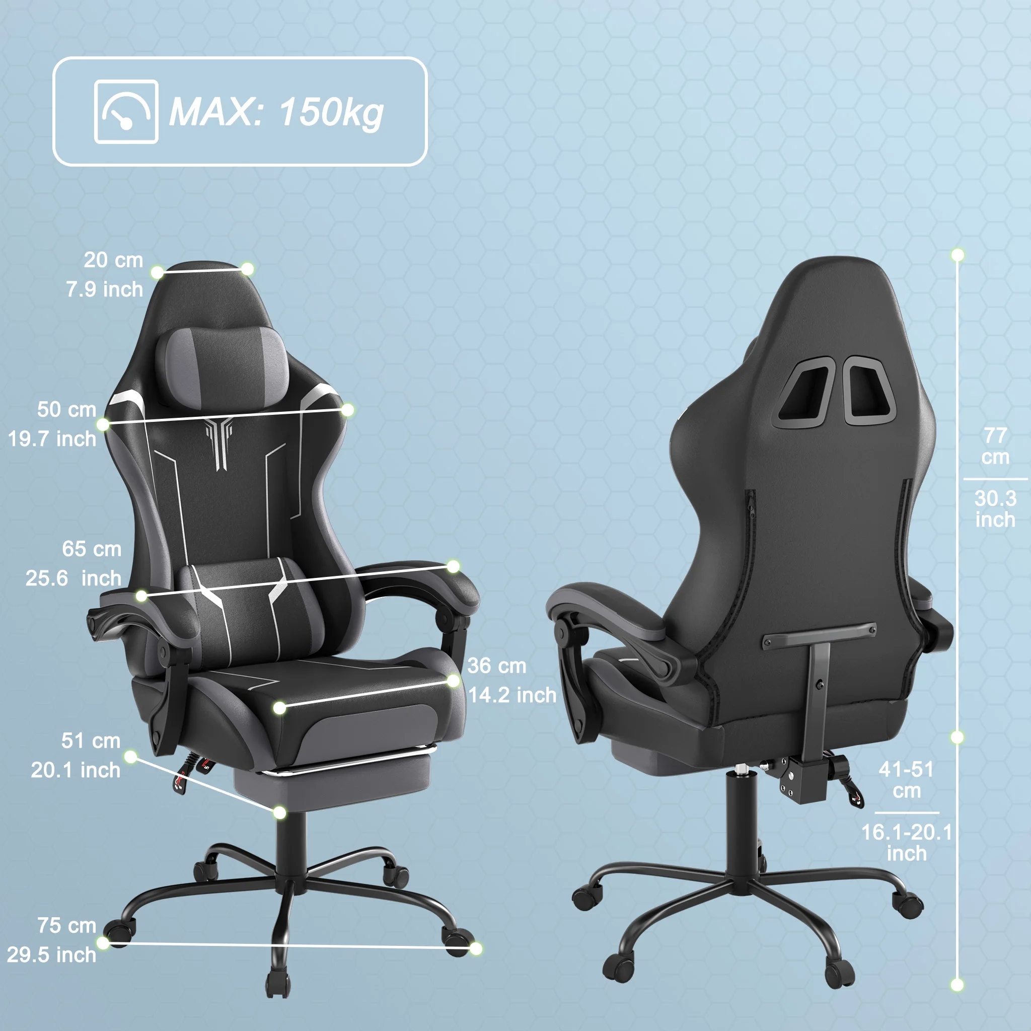 Ergonomische gamingstoel, in hoogte verstelbare draaibare pc-computerstoel met intrekbare voetensteun en afneembare hoofdsteun en lumbale kussens, bureaustoel van suède of PU-stof, max. draagvermogen