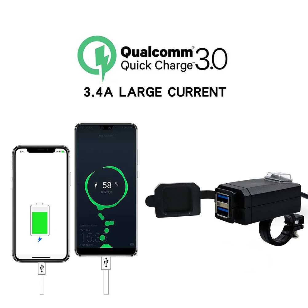 Motorcycle Charger Dual USB Universal QC 3.0 USB Waterproof Dual USB Quick Change 12V Power Supply Adapter Motorcycle Chargers