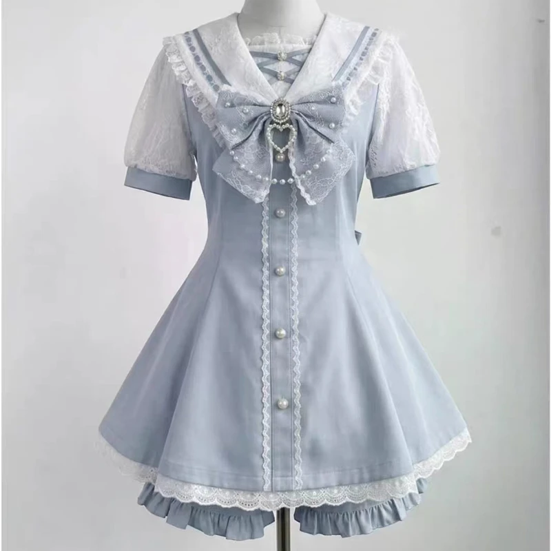 Japanese Gothic Y2k Lolita Style Bow Dress Shorts Set Women Sweet Lace Ruffles Button Shirt Party Dresses Kawaii Slim Mini Dress