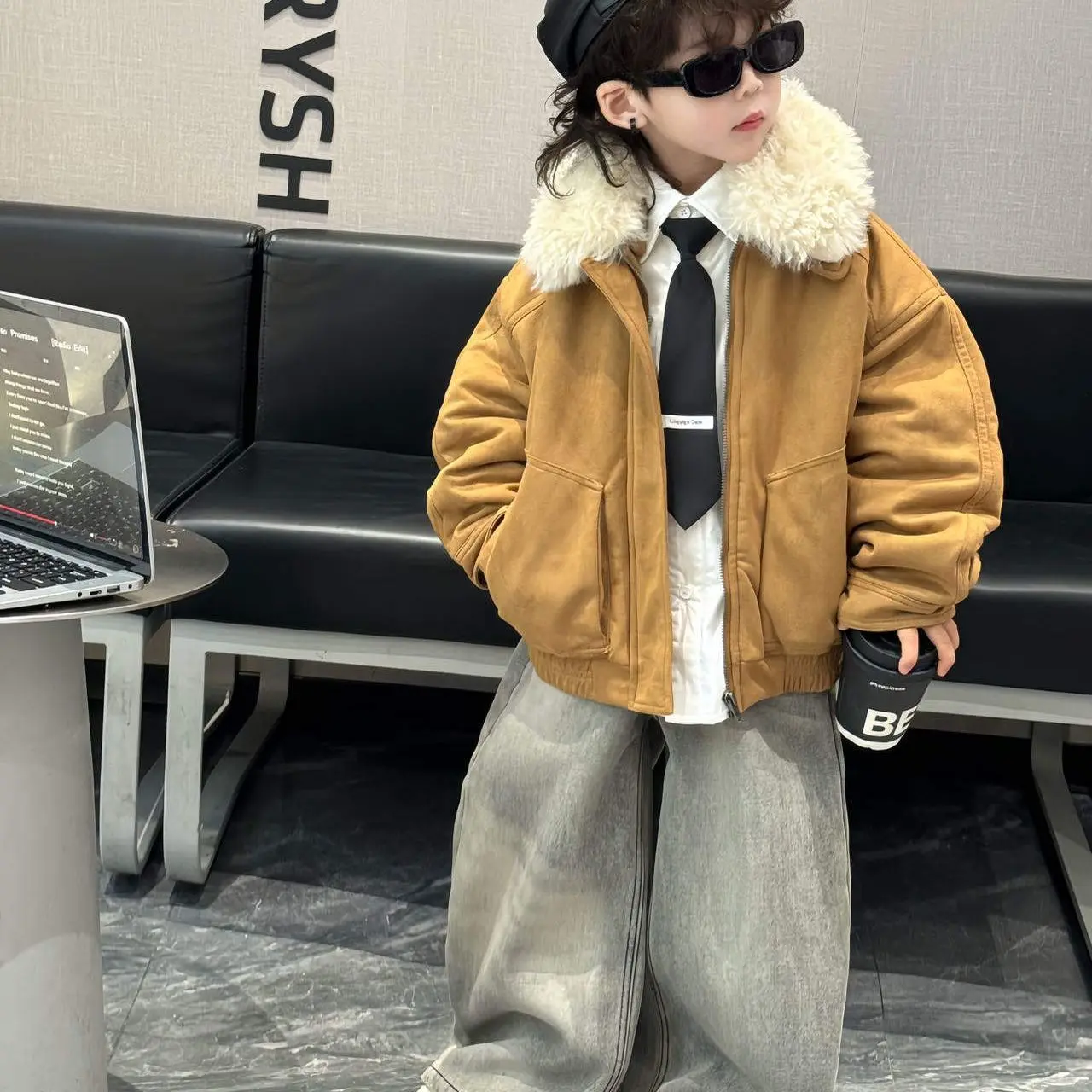 Boys Winter Warm Faux Fur Collar Padded Jacket Thickened Cotton Coat Kids Casual Outerwear