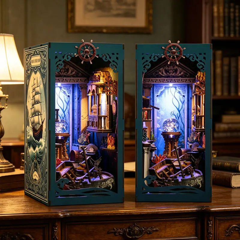 

Zuuton Underwater Pirate Book Nook DIY Wooden Miniature Kit LED Light 3D Puzzle Ocean Bookshelf Insert Bookend Decor Gift