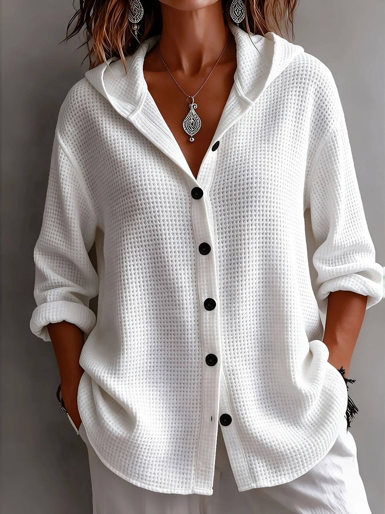 Plus Size Women Waffle Knit Hooded Cardigan, Solid Color Button Down Long Sleeve Open Front Casual Loose Ladies Jacket  Pockets