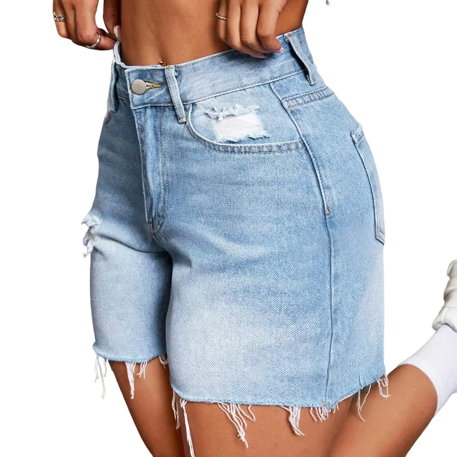 

Short Jeans Women Casual Holes High Waist Trousers Button Straight Pants Streetwear Club Beach Mini Lenth Summer Mom Jeans