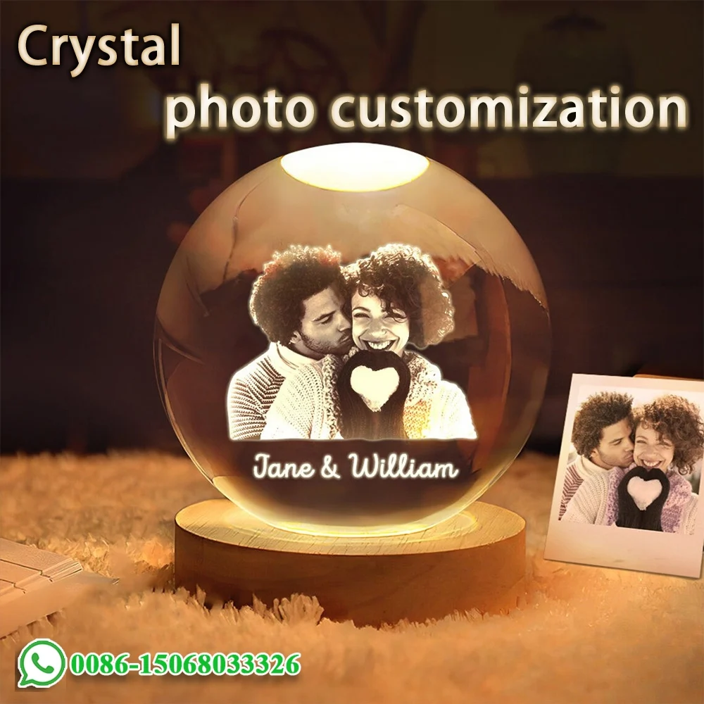 Custom Crystal Ball Photo LED Night Light Bedroom Office Decoration Gift Wedding Couple's Parents Pet Photos Souvenir Gifts