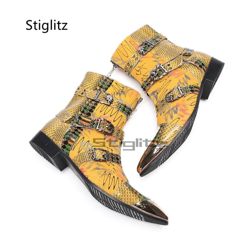 الأصفر الكتابة على الجدران يطبع تشيلسي الأحذية للرجال المعادن أشار تو جلد الغزال المرقعة الأحذية حزام مشبك حذاء من الجلد الذكور الأحذية #1