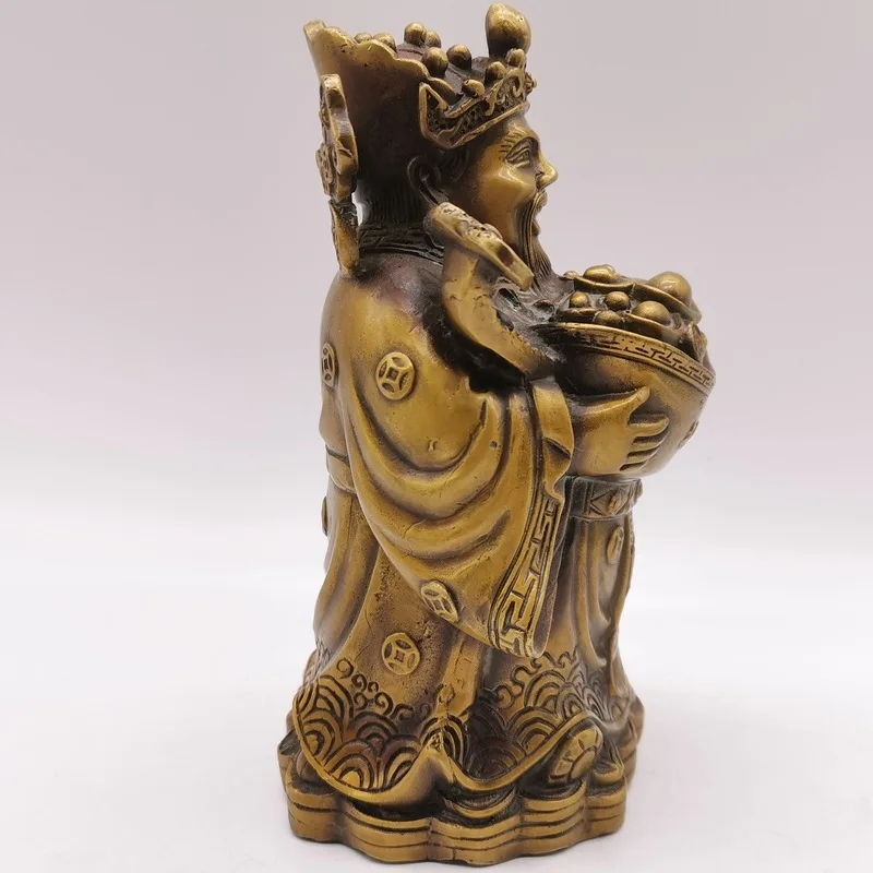 Antique Bronze Collectible: Standing Brass God of Wealth Statue, Brings Abundant Fortune, Well-Crafted, Exquisite Craftsmanship,