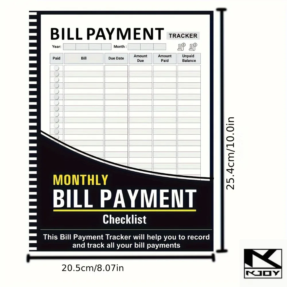 Carnet de suivi budgétaire kkjoy avec liste de factures et suivi des paiements mensuels pour le suivi des finances domestiques