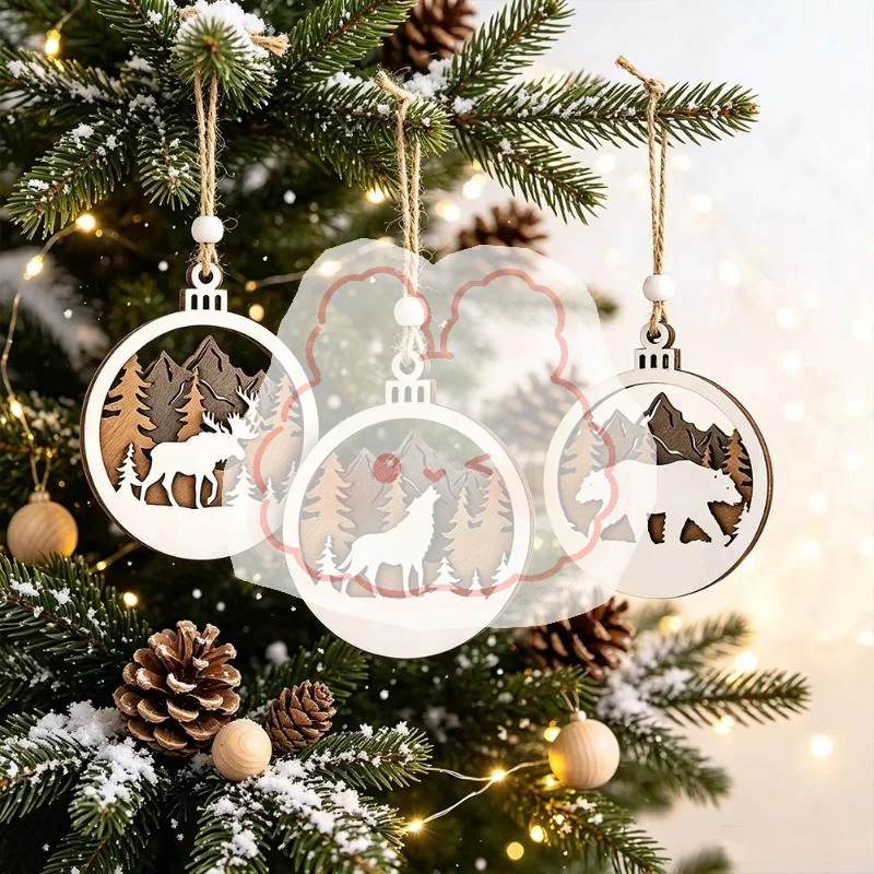 Rustic Wildlife Wood Cutout Hanging Decor Layered Hollow Mountain Bear Wolf Elk Bauble Winter Holiday Tree Decoration