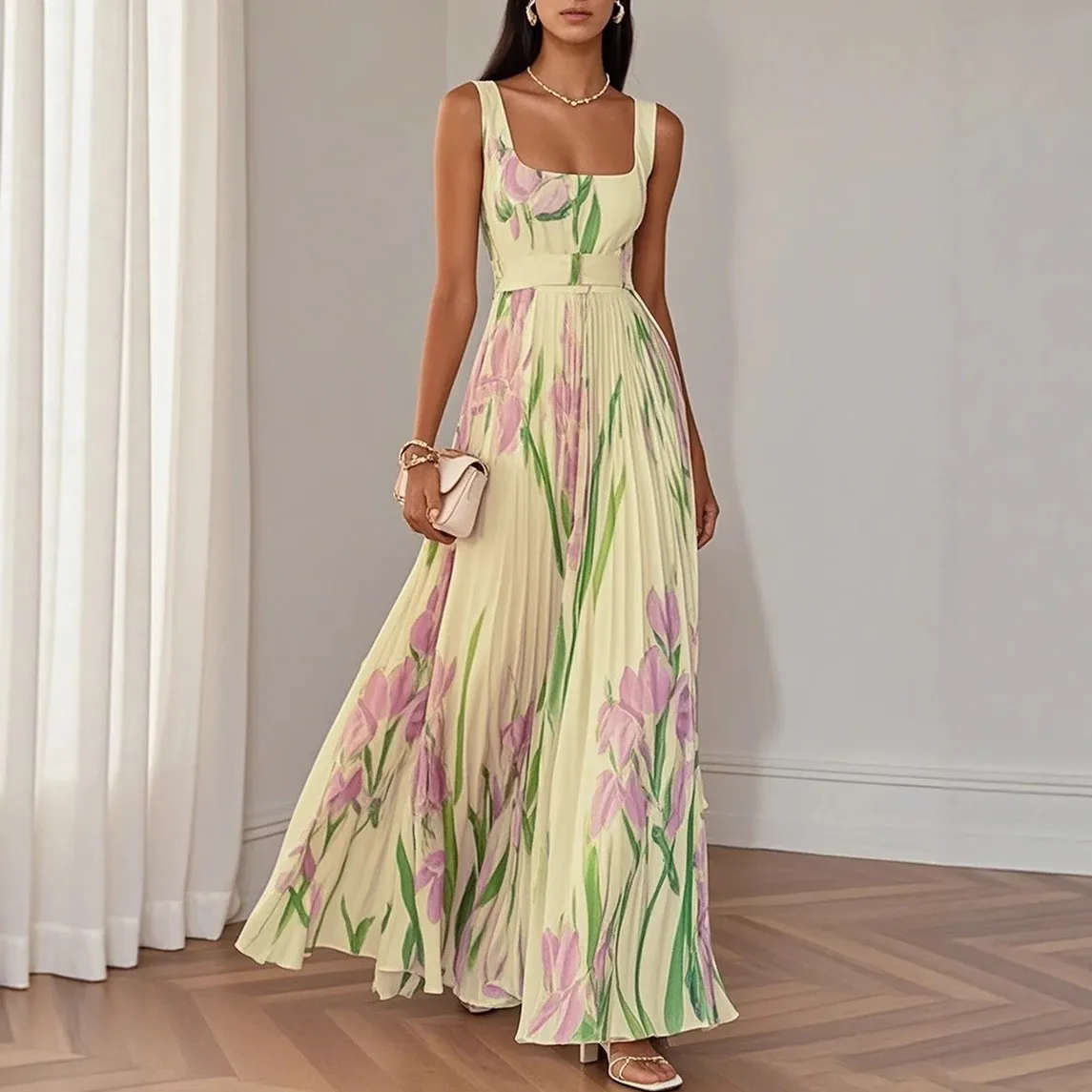 A Line Printed Dress Streetwear with Pullover 3D Pattern Maxi Length Sleeveless Round Neck Loose Waist Summer Dresses for Women