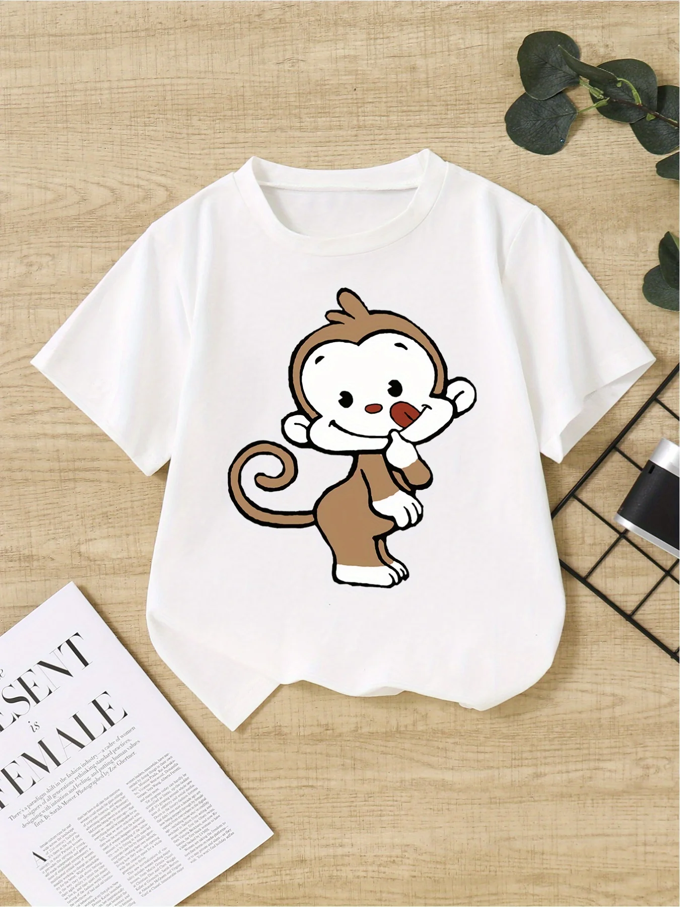 Cute Monkey Playful Print Summer Children's Cute Short Sleeved Round Neck Casual Top Boys and Girls T-shirt Clothing