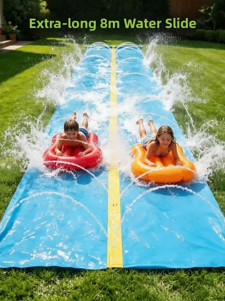 Extra Lange Doppelbahnige Aufblasbare Wasserrutsche für 2 Personen, Große Größe, Outdoor-Gartenpool, Sommer-Wasserspielzeug für die Familie