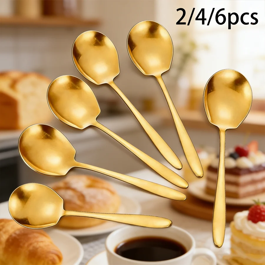 2/4/6pcs Stainless Steel Serving Spoons with Round Heads, Large Spoons, and Long-Handled Soup Ladles; Suitable for Home Kitchens