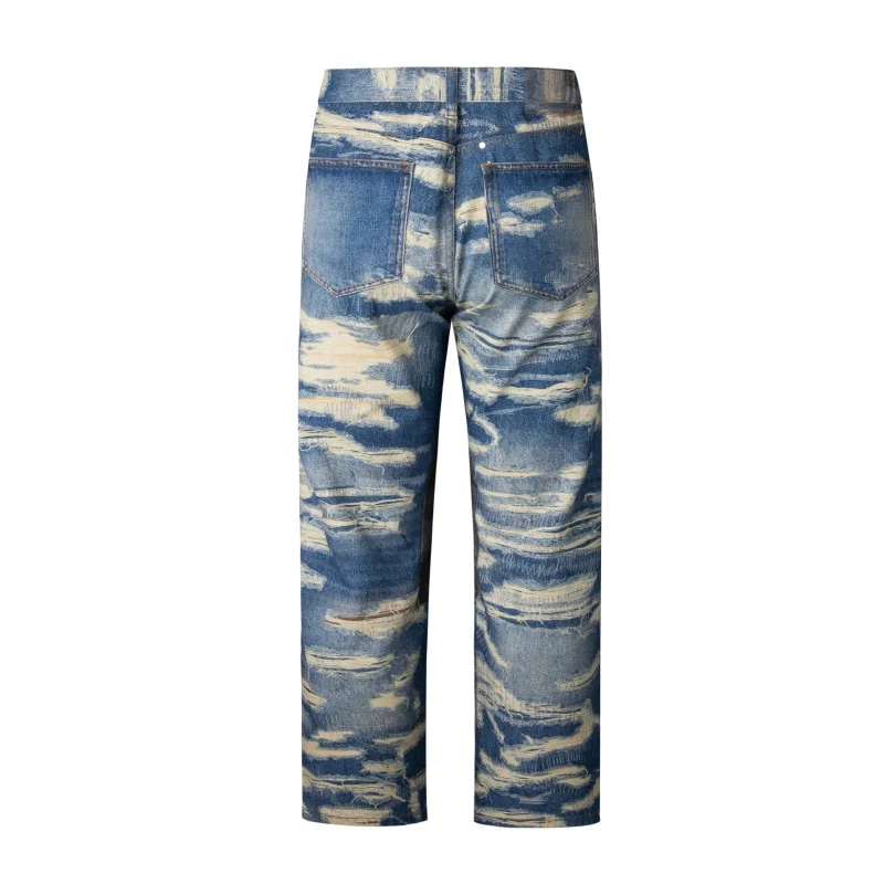 2024New American Retro Nostalgic Jeans Men's Spring Fashion Brand Loose Street Personalized Hip Hop Straight Wide-Leg Pants