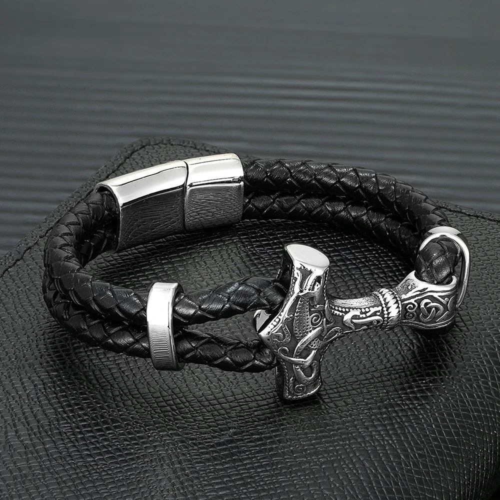 MKENDN Punk Men Vikings Style Genuine Leather Bracelet Braided Multilayer Stainless Steel Norse Thor\'s Hammer Mjolnir Bangles