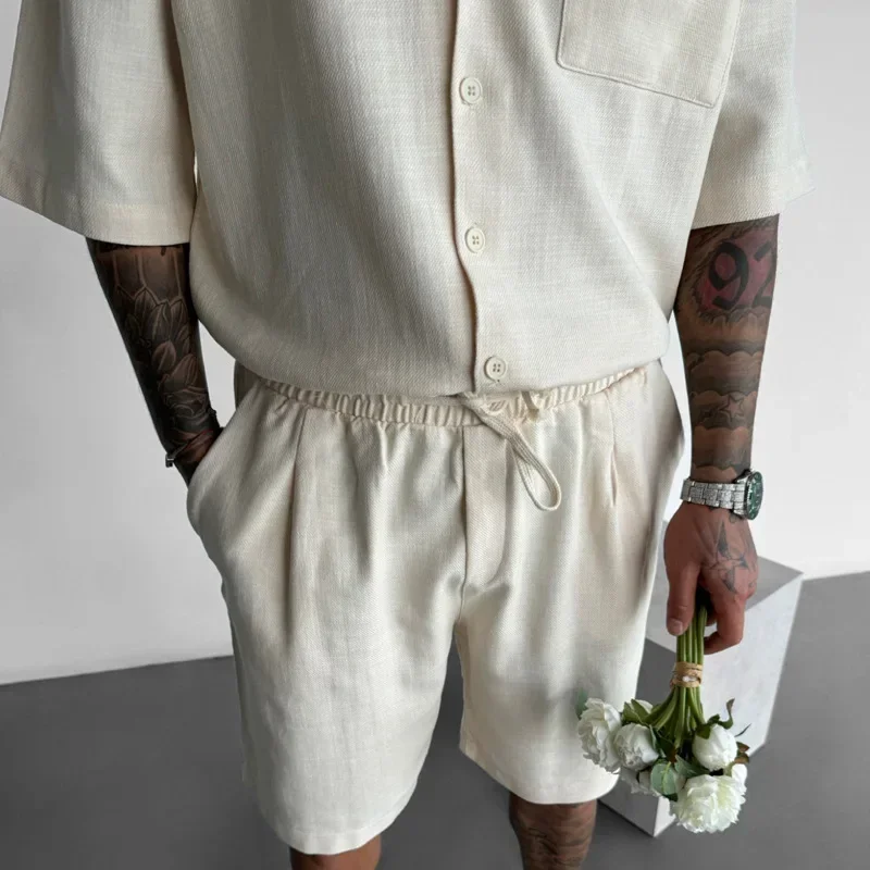 Mens Sets Summer Leisure Lapel Pocket Design Loose Short-sleeved Shirt Five-point Shorts Mens Two-piece Set