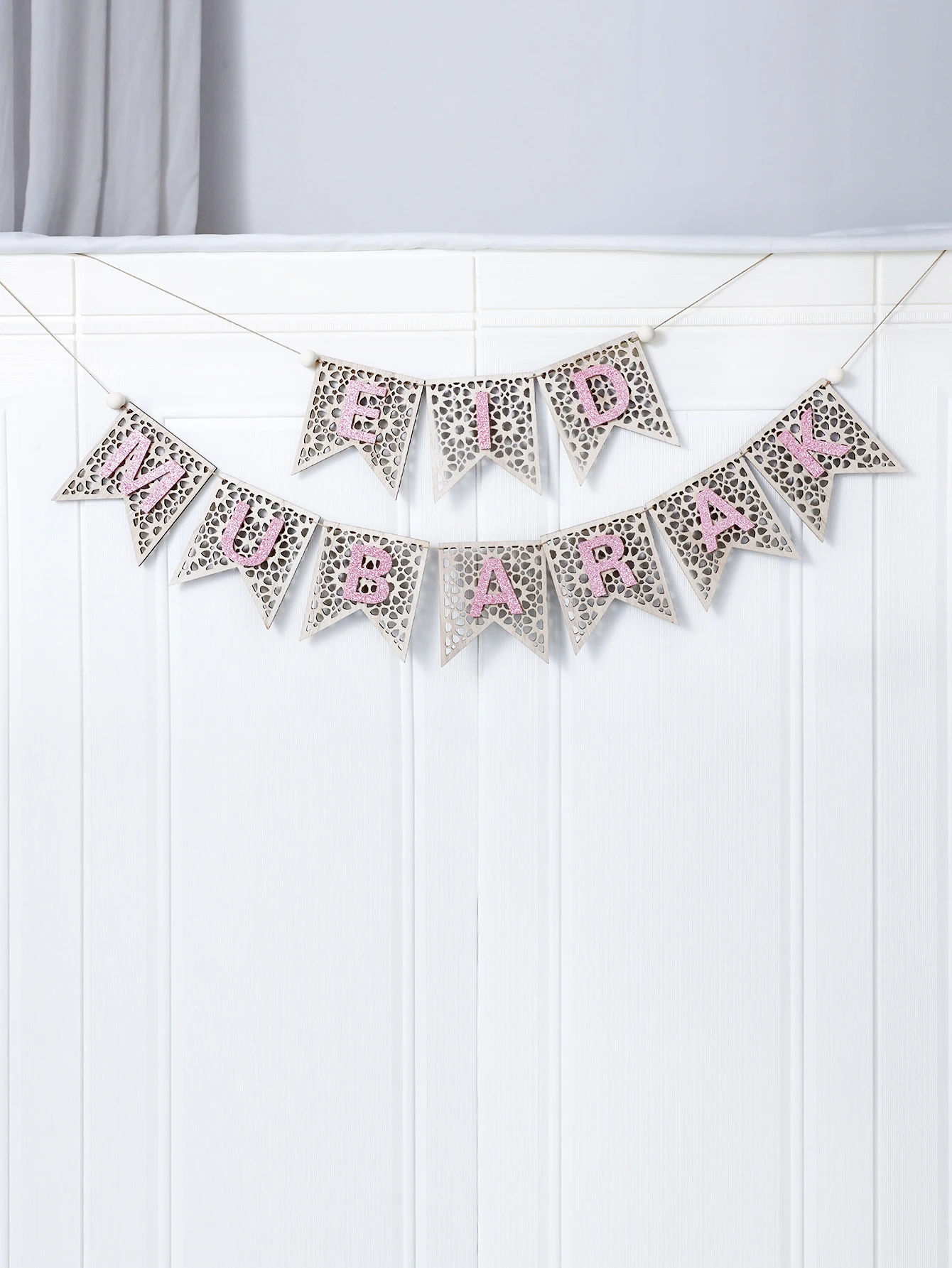 1Pc Pink Wooden Ramadan Muslim Decor Banner Pull Flag Ramadan Kareem Hanging Ornaments Wooden Ornaments Eid Mubarak Happy Gift