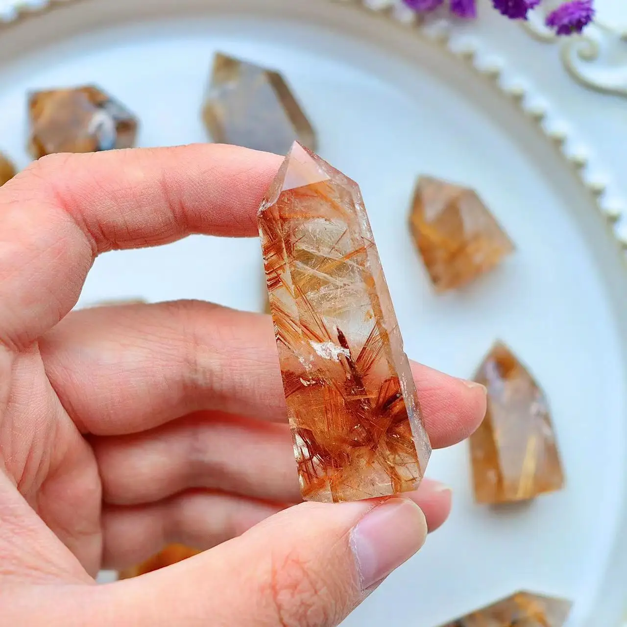 Natural Gold Rutilated Quartz Hair Crystal Point Tower, Mineral Energy Healing Hexagonal Wand, Home Decor Gift