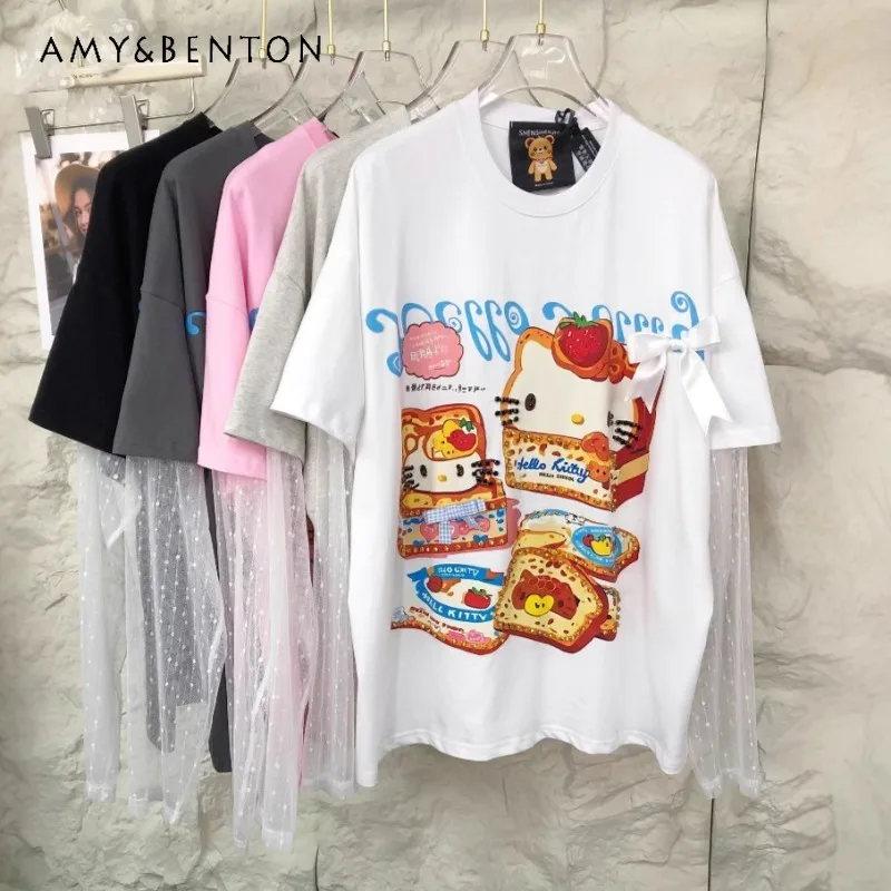 

Korean Y2k Tees Unique Design Sense Cartoon Printing Splicing Lace Stacking Fake Two Loose Top T-shirts Aesthetic Clothes Female