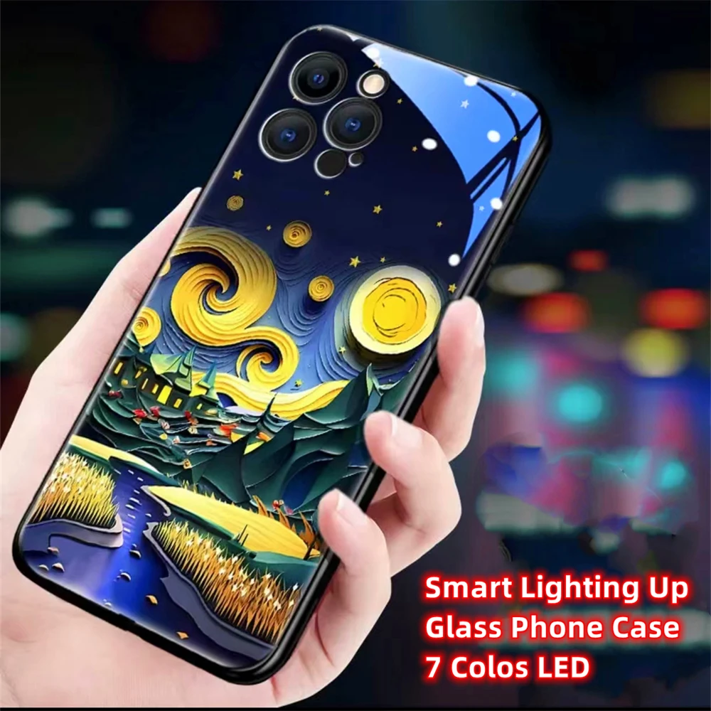 Painting Wheat Fields Smart LED Light Glow Tempered Glass Phone Case For iPhone 15 14 13 12 11 Pro Max XR XS Plus 6 7 8 SE2020