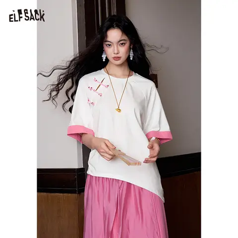 ELFSACK Women's New Chinese Style Frog Button T-Shirt, White & Pink Color Block Casual Tee, Loose Fit Short Sleeve Summer Top
