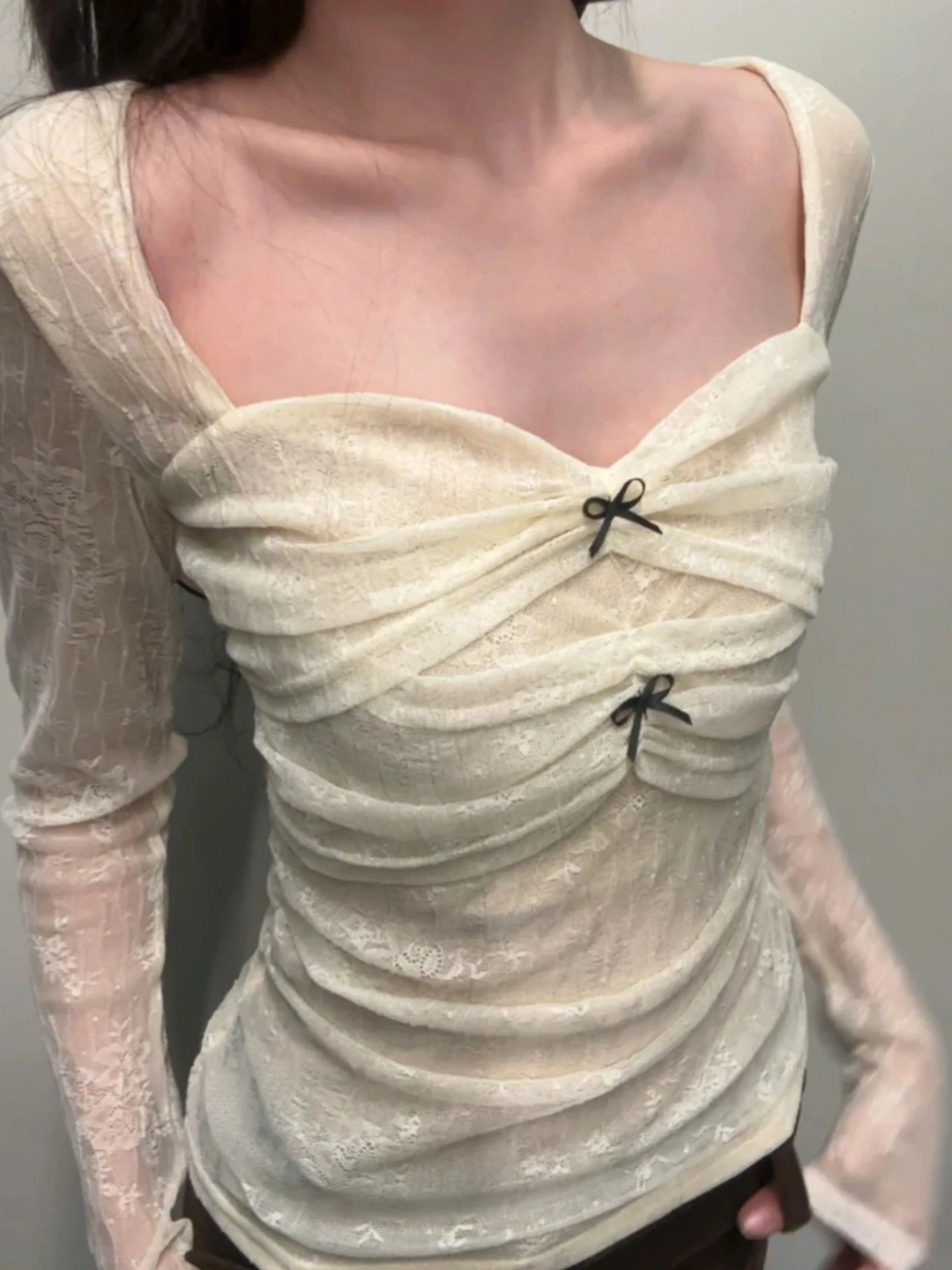 Women's Slim Fit Long Sve T-irt V-Ne Knot Lace Top Spring 2026 Korean Sle Commute Faion Pure Desire