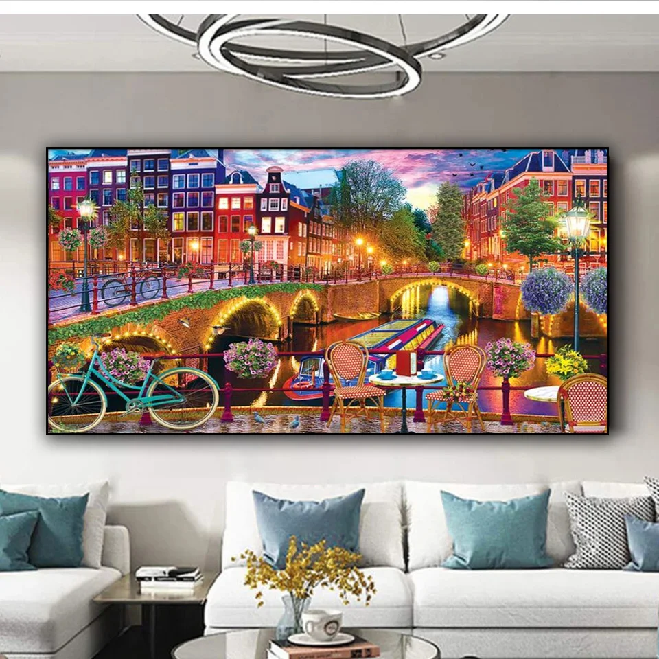 Amsterdam City DIY Diamond Painting New 2024 Full Square Round DIY Diamond Mosaic Art Rhinestone landscape Home Decoration Gift