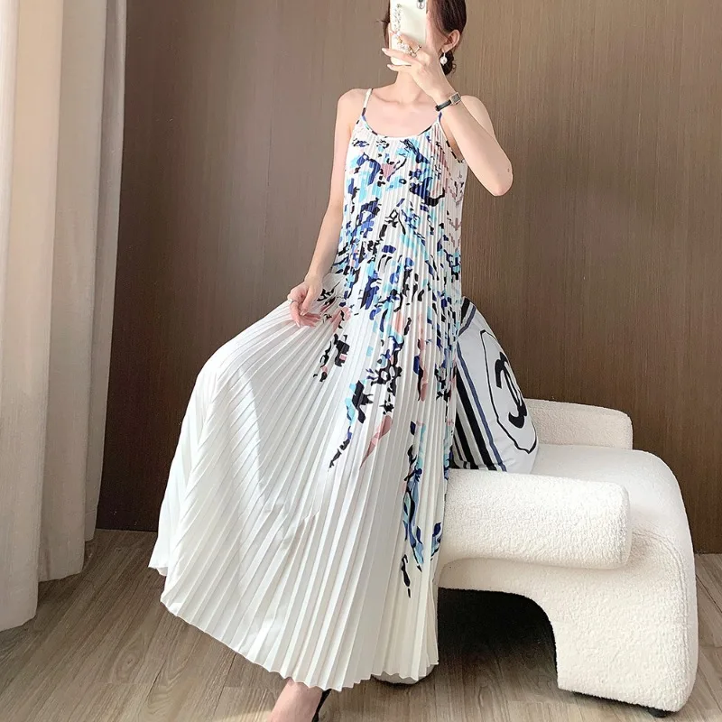 GGHK Pleated Women Halter Dress 2025 Summer New Printing Design Loose Big Yards in Europe and The United States Fashion Dresses