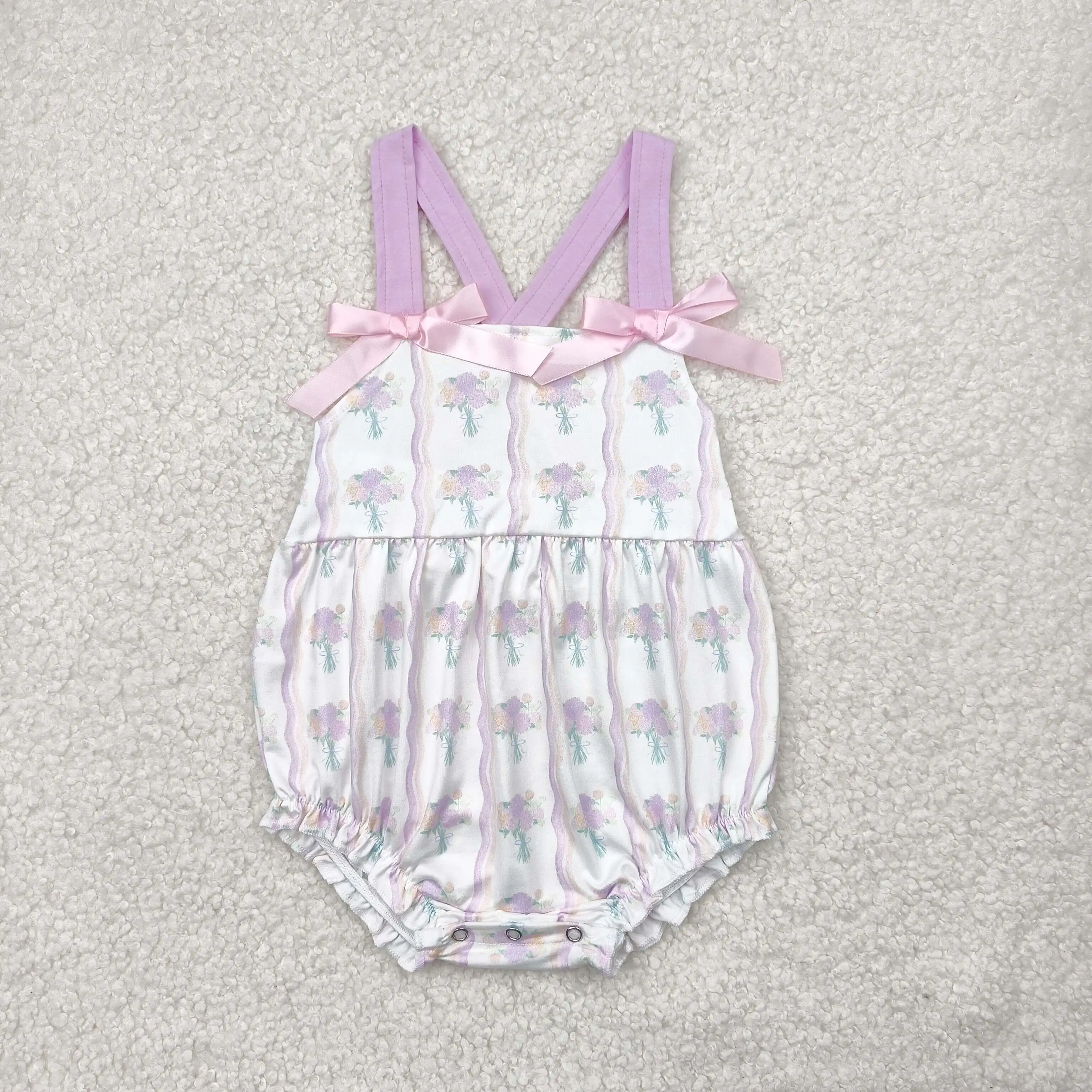 4.14y NEW stock baby girls summer romper wholesale boutique embroidery pattern floral flowers purple flying sleeves onesie