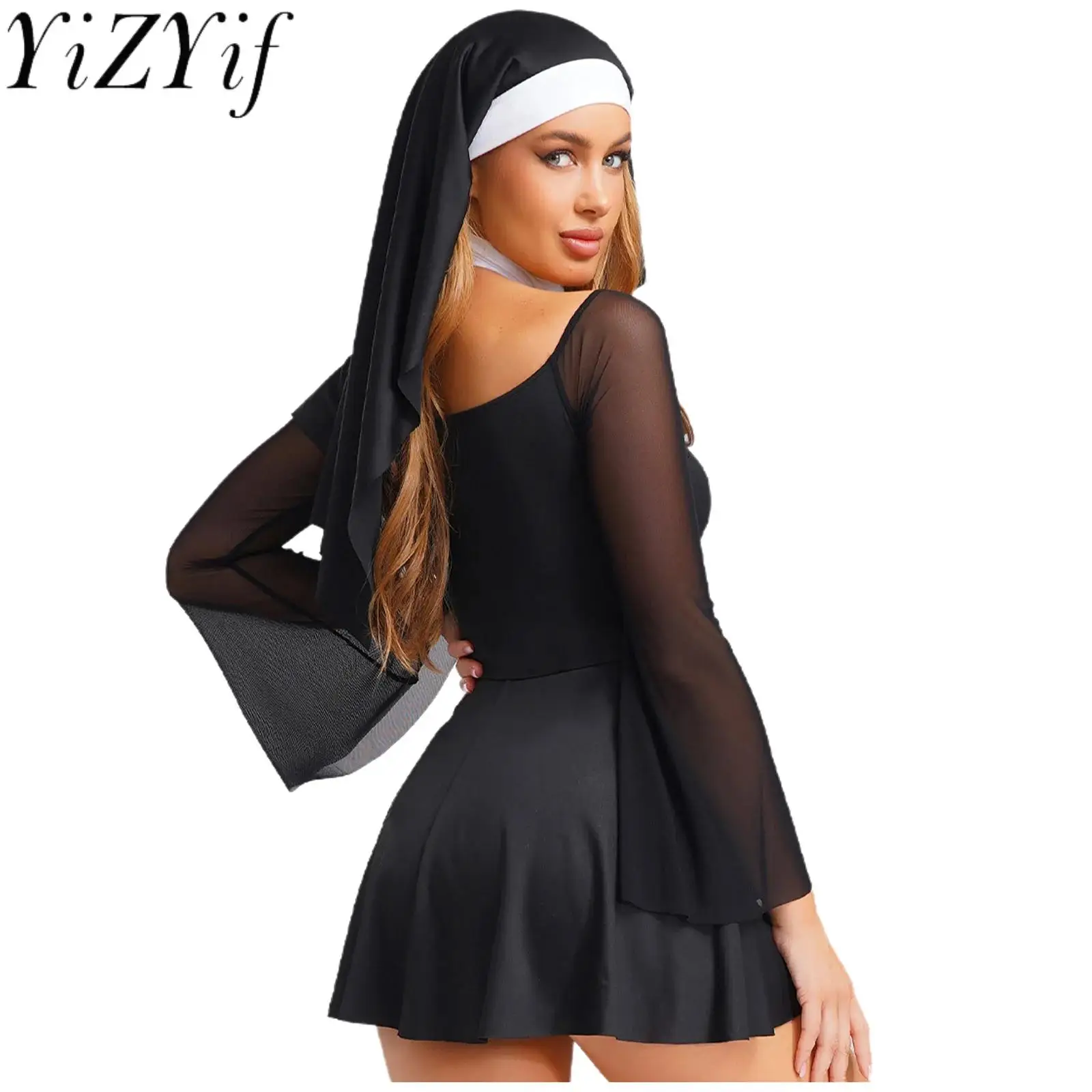 

Women Nun Preachers Priest Cosplay Dress And Coif O-ring with Headscarf for Halloween Holiday Party Priest Church Cosplay Wear