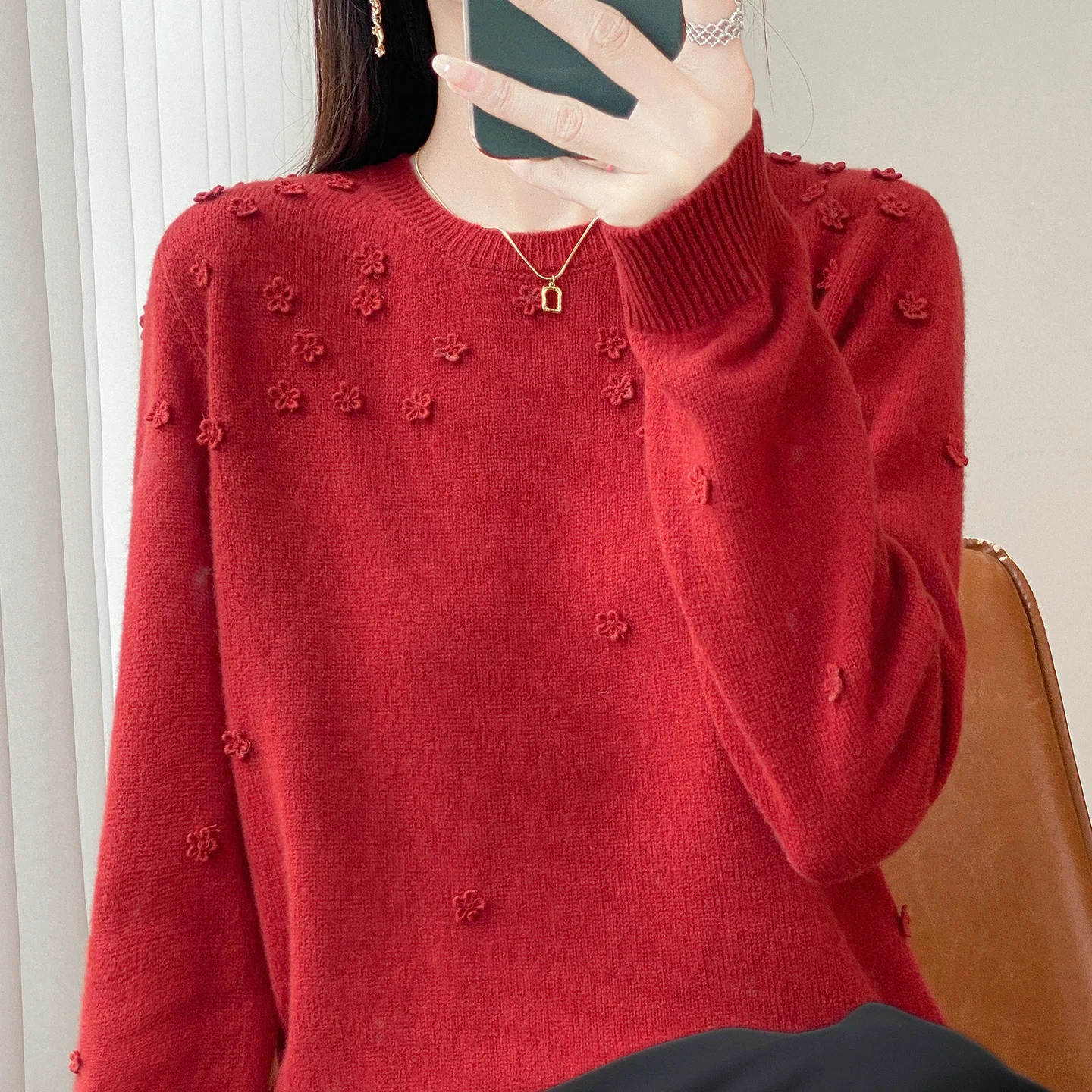 Women's 100% Australian Wool Knit Sweater Round-Neck Pullover Full-Body Floral Design Fashionable Autumn 2025 New Arrival