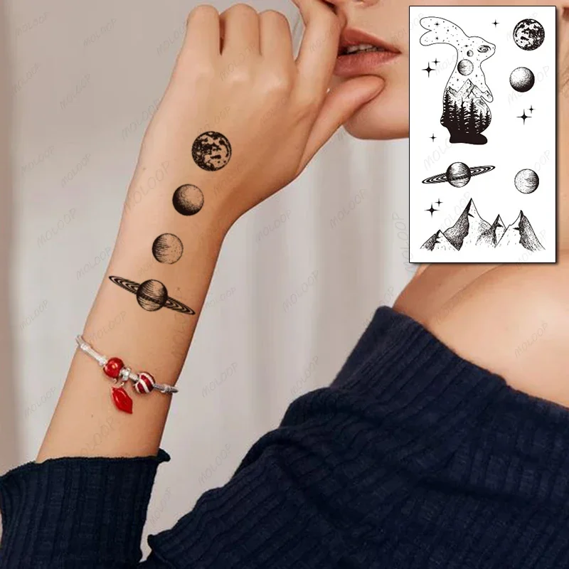 Cartoon Rabbit Tattoo Stickers Planet Forest Tree Mountain Element Waterproof Body Art Temporary Fake Tatto for Women Men Kids