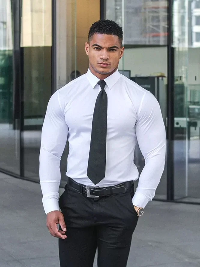 

Busin повседневный тонкий дышащий Qui Dry против морщин без железа Fitn irt высокоэластичный облегающий мужской Faion irt