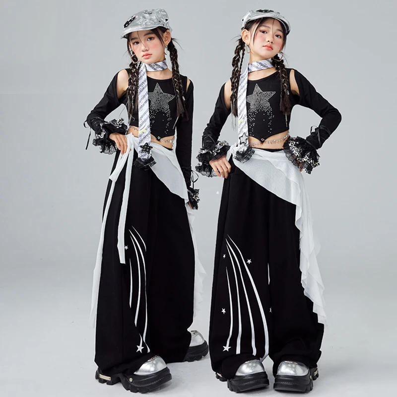 

Черный джазовый танцевальный костюм для девочек Kpop, детский костюм в стиле хип-хоп, сценическая одежда для джазовых выступлений, укороченный топ, брюки для городских танцев AMY3129