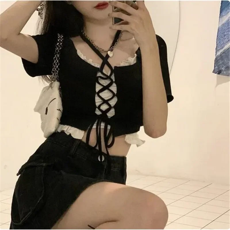 

2 Pieces Sets Women Crop Tops Neck-mounted Slim Bandage T-shirts Camis Korean Style New Fashion Ins Summer Y2k Sexy Preppy Sweet