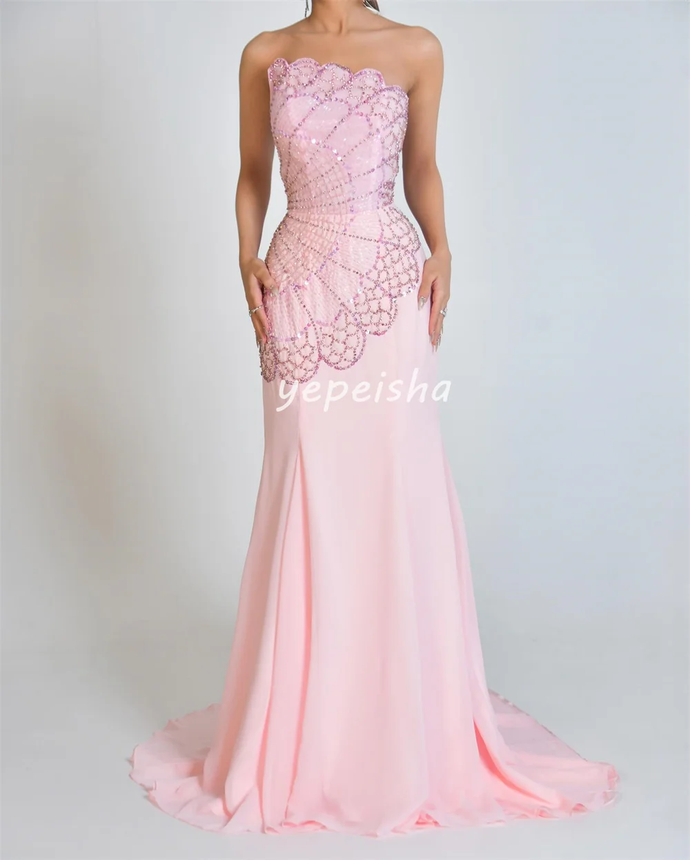 Customized Classic Chiffon Sequined Beading Rhinestone Draped A-line Scalloped Long Dresses Bespoke Occasion Dresses Exquisite